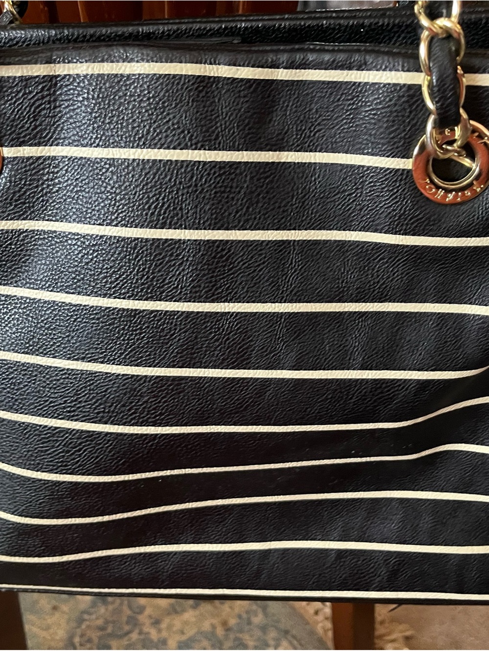 Betsey Johnson Black & Cream Striped Chain-Handle Tote Bag EUC - Picture 9 of 13